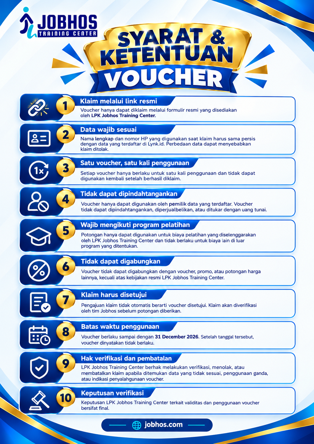 10 Syarat dan Ketentuan Klaim Voucher LPK Jobhos Training Center